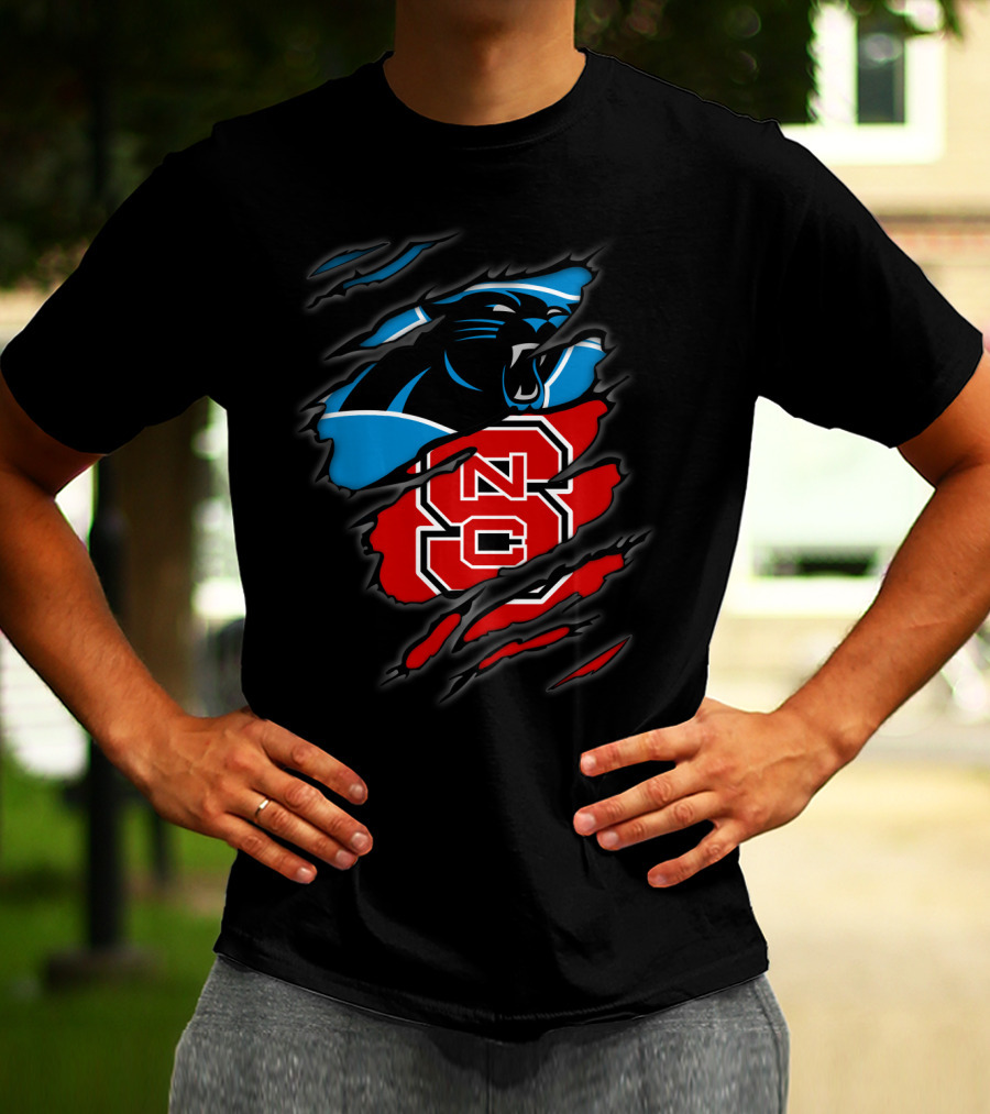Carolina Panthers Nc State Wolfpack Hybrid Logo Ripped T-Shirt