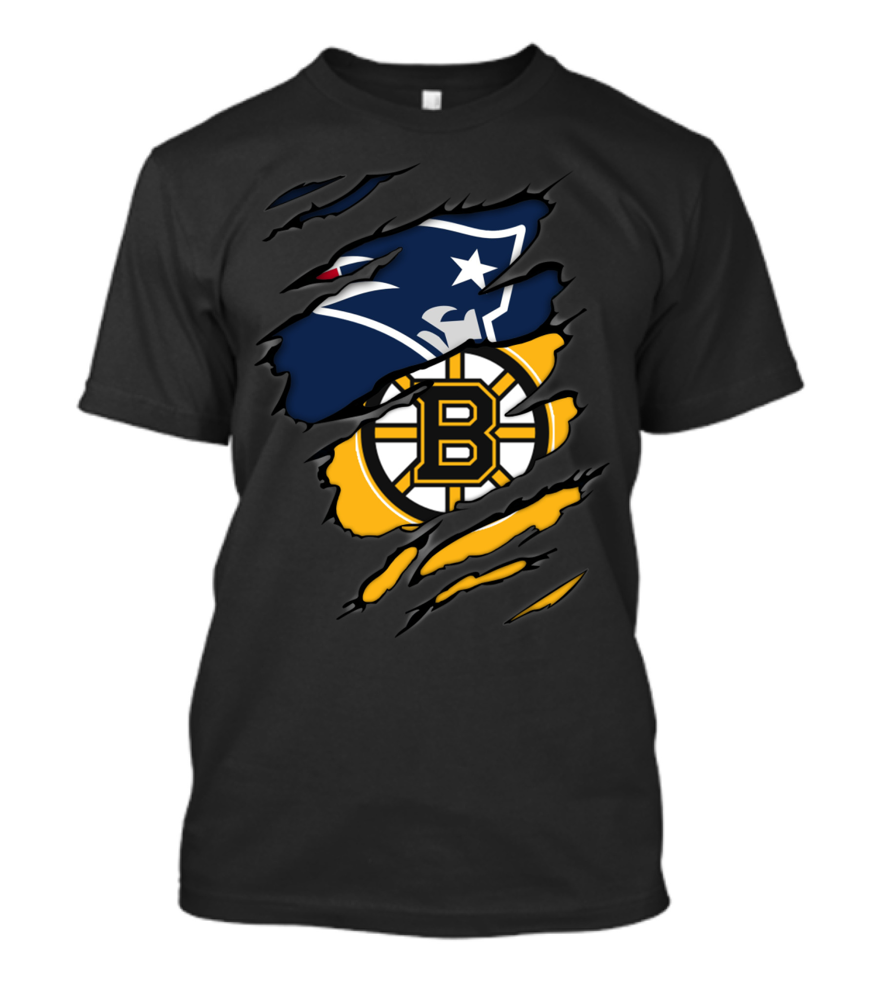 Patriots Bruins Torn Team Fusion New England Boston Sports Logos T-Shirt