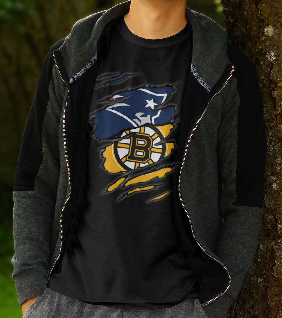 Patriots Bruins Torn Team Fusion New England Boston Sports Logos T-Shirt