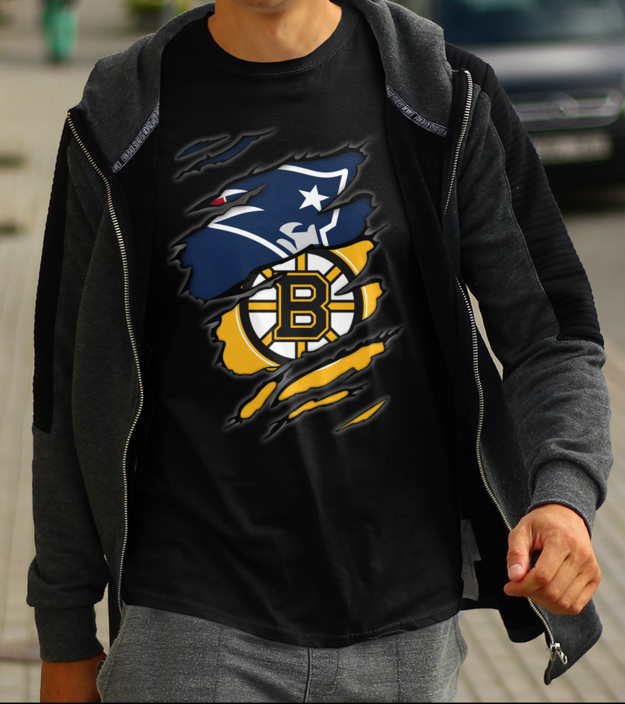 Patriots Bruins Torn Team Fusion New England Boston Sports Logos T-Shirt