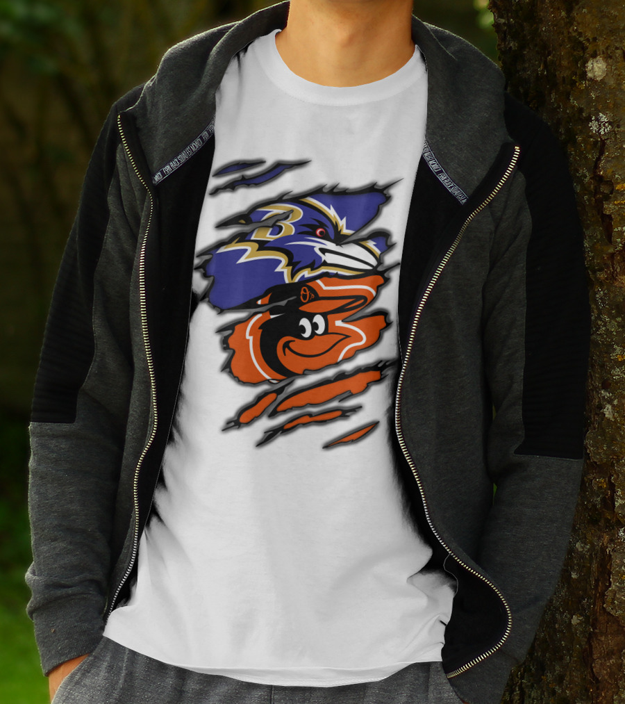 Baltimore Ravens Orioles Logos Ripped T-Shirt