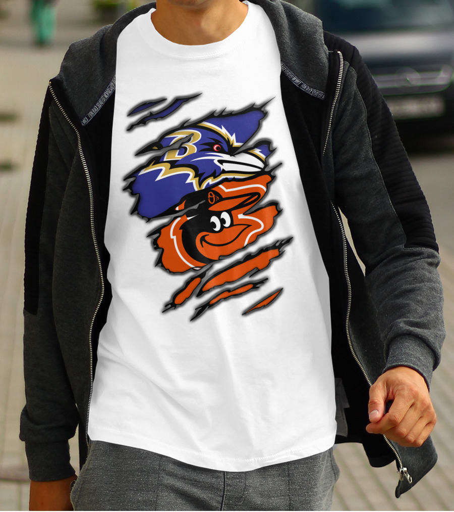 Baltimore Ravens Orioles Logos Ripped T-Shirt