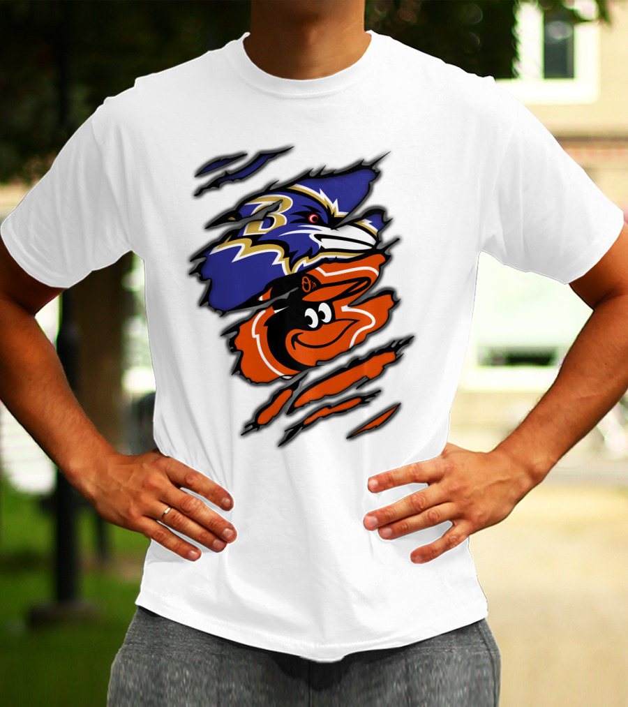 Baltimore Ravens Orioles Logos Ripped T-Shirt