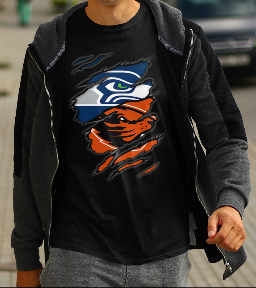 Seahawks Beavers Dual Team Spirit Torn Fusion T-Shirt