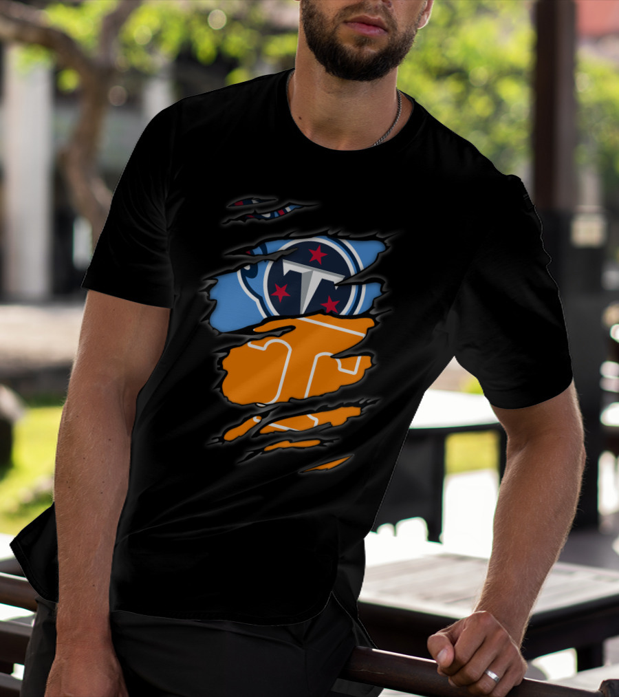 Tennessee Titans Volunteers Ripped Dual Logo Football Team Fan Gear T-Shirt