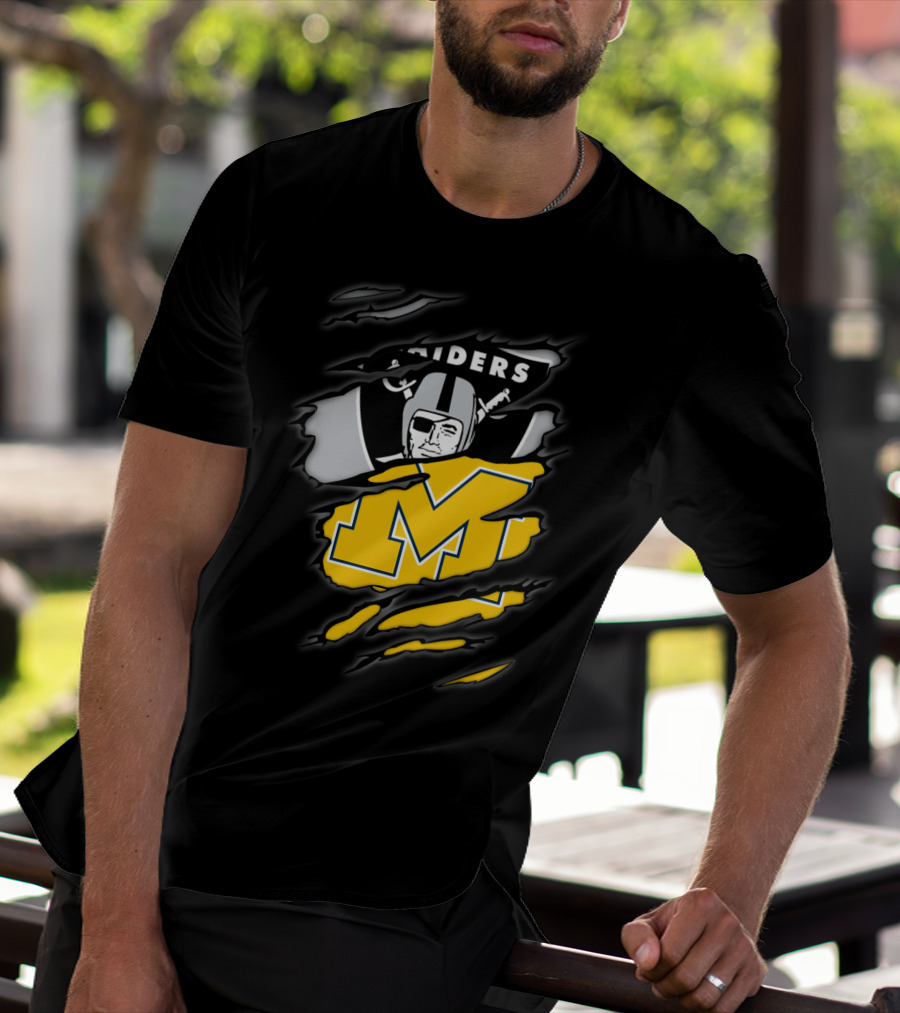 Raiders Oakland Helmet With Michigan Block M Fusion T-Shirt