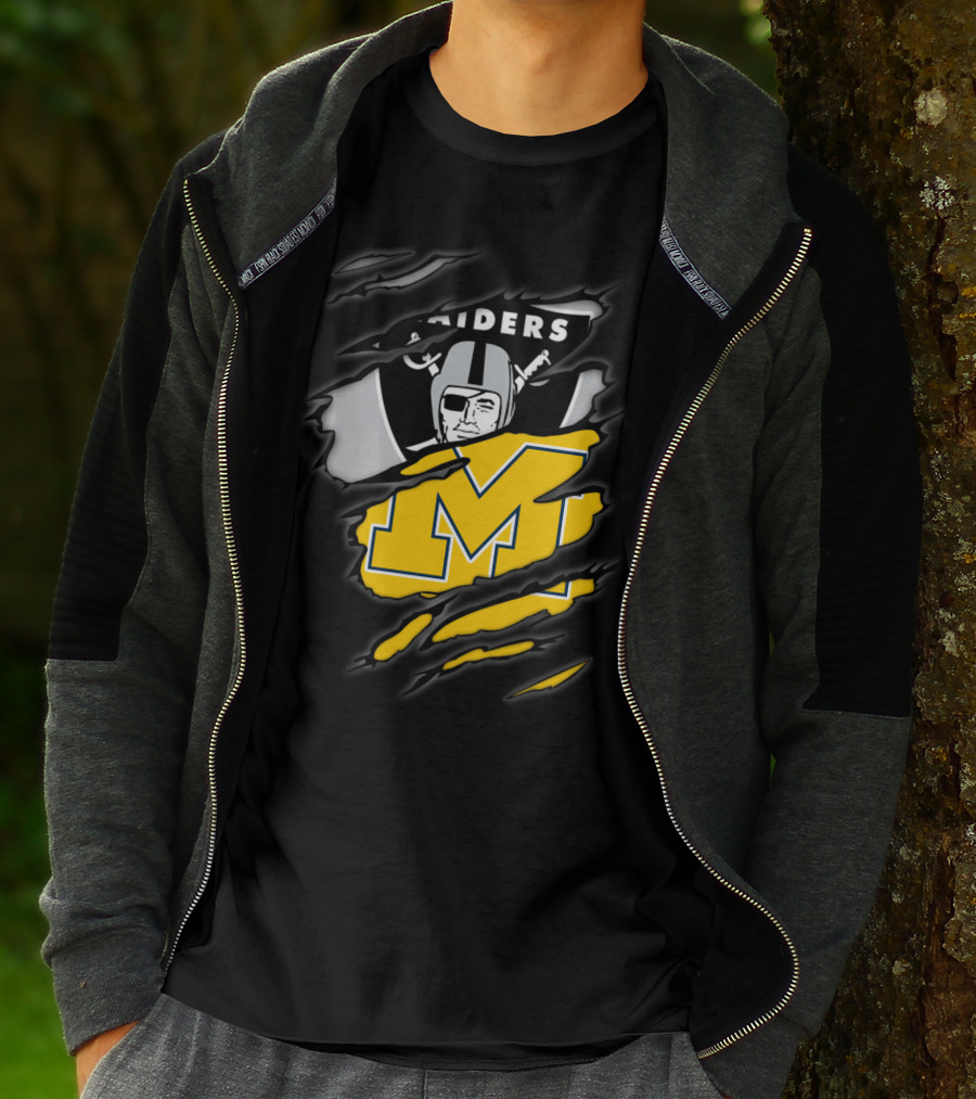 Raiders Oakland Helmet With Michigan Block M Fusion T-Shirt