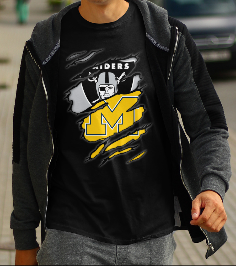 Raiders Oakland Helmet With Michigan Block M Fusion T-Shirt