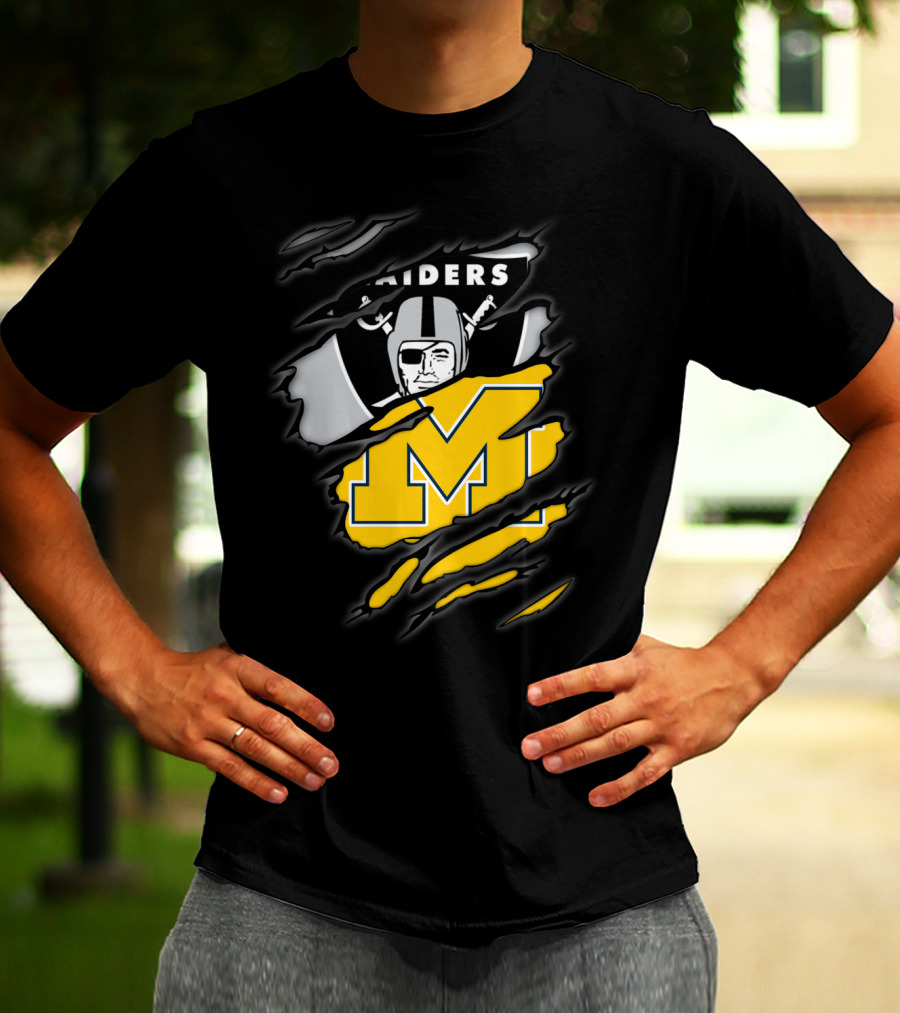 Raiders Oakland Helmet With Michigan Block M Fusion T-Shirt