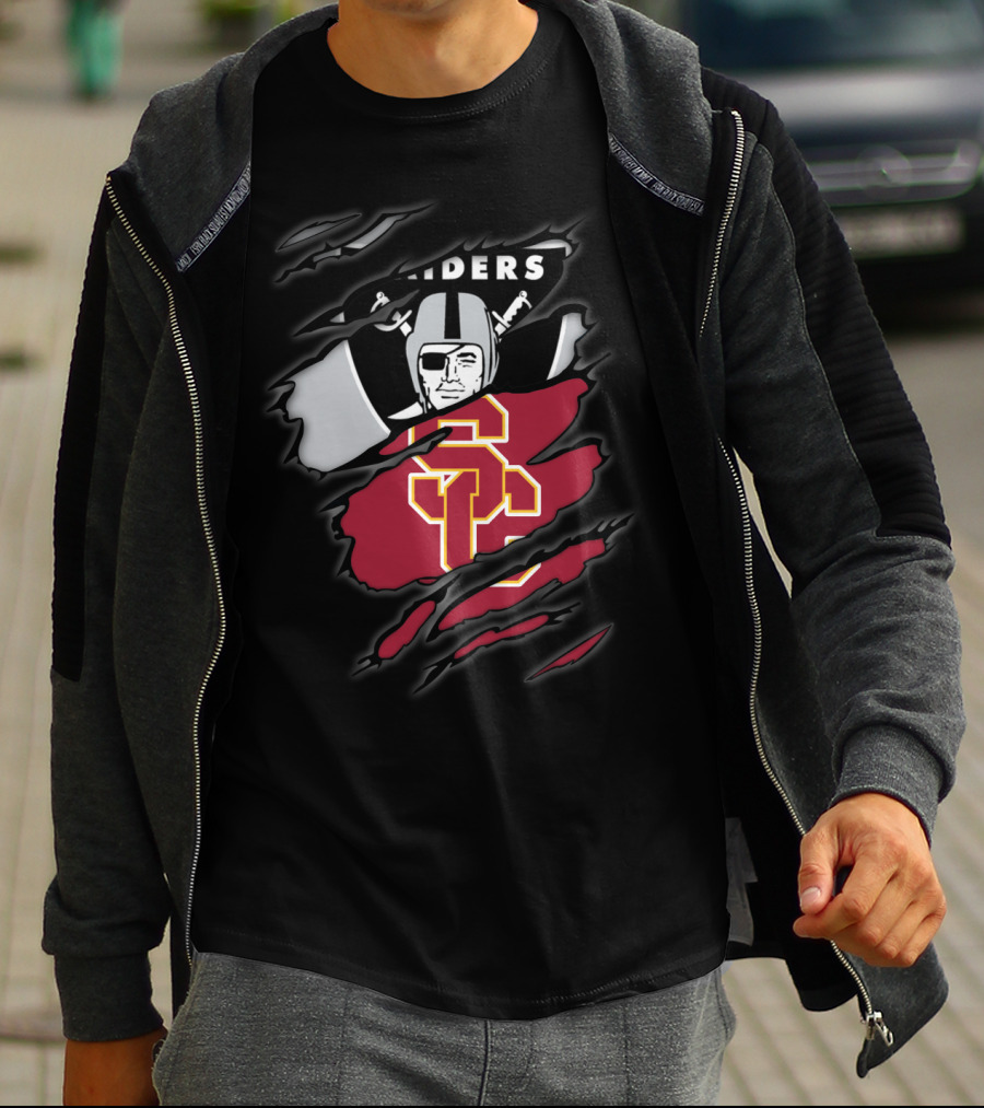 Raiders Trojans USC Los Angeles Football Torn Effect Logo Mix T-Shirt