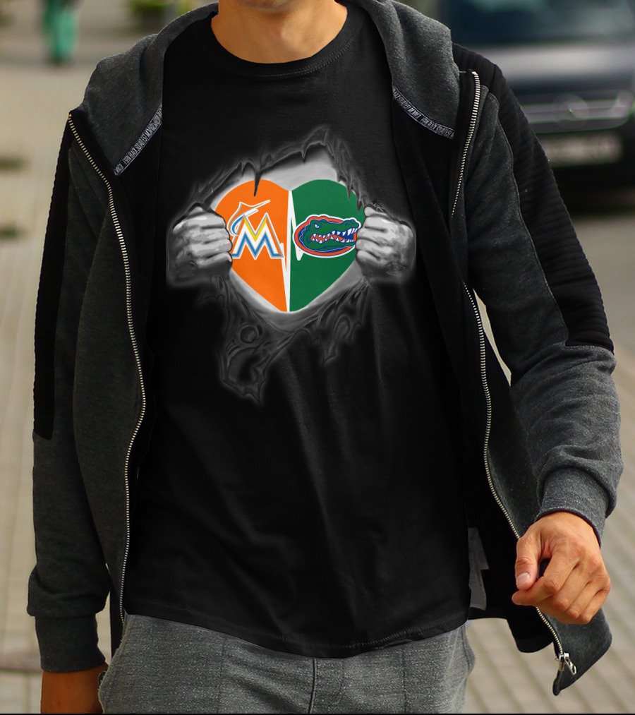 Marlins Gators Heart Split Logo Combo T-Shirt