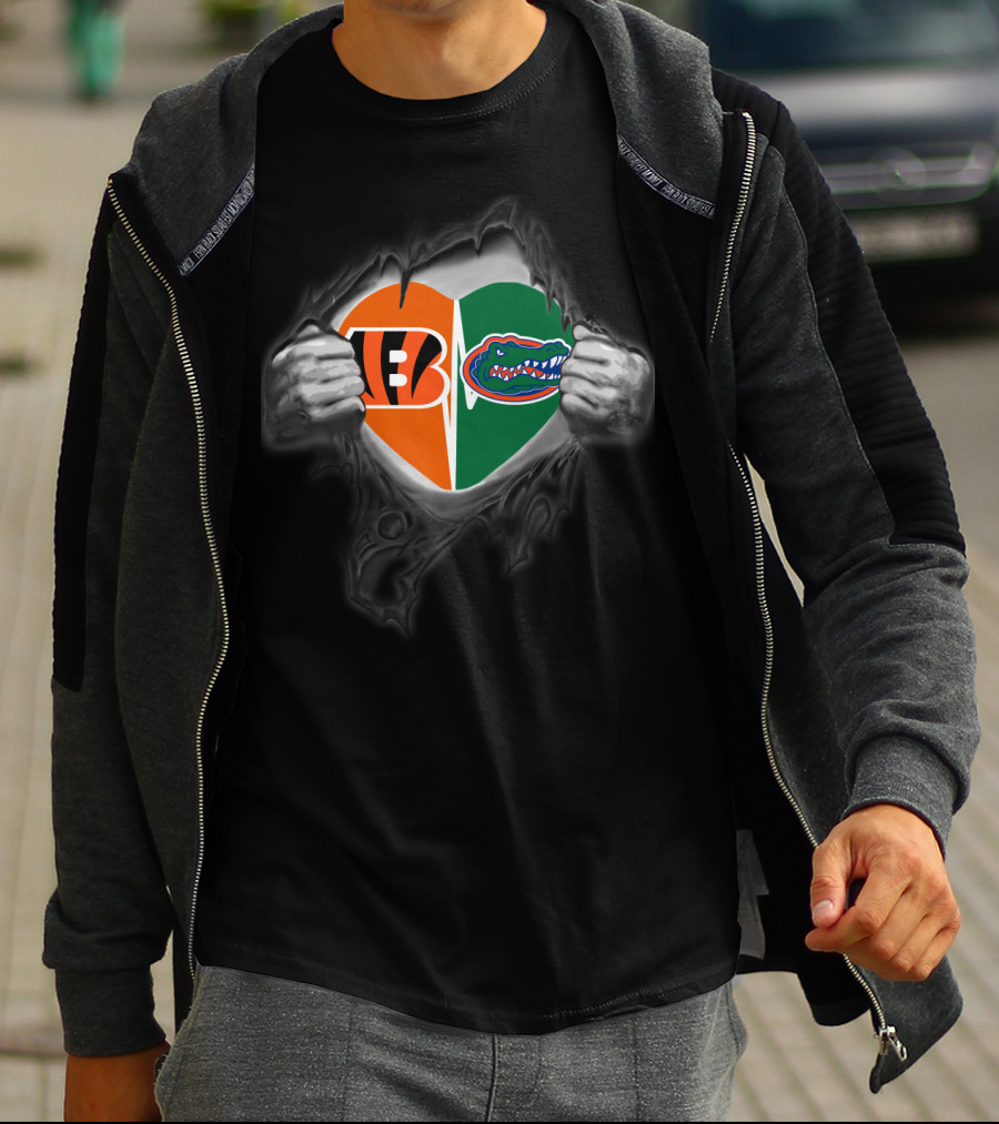 Bengals Gators Heart Logo Split With Tear Effect T-Shirt