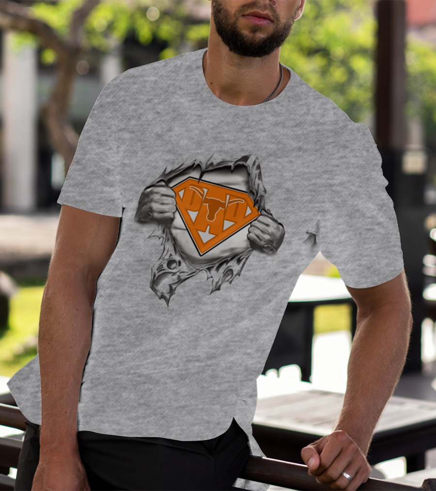 Longhorn Superman Logo Ripped Silver Hands Orange Triangles T-Shirt