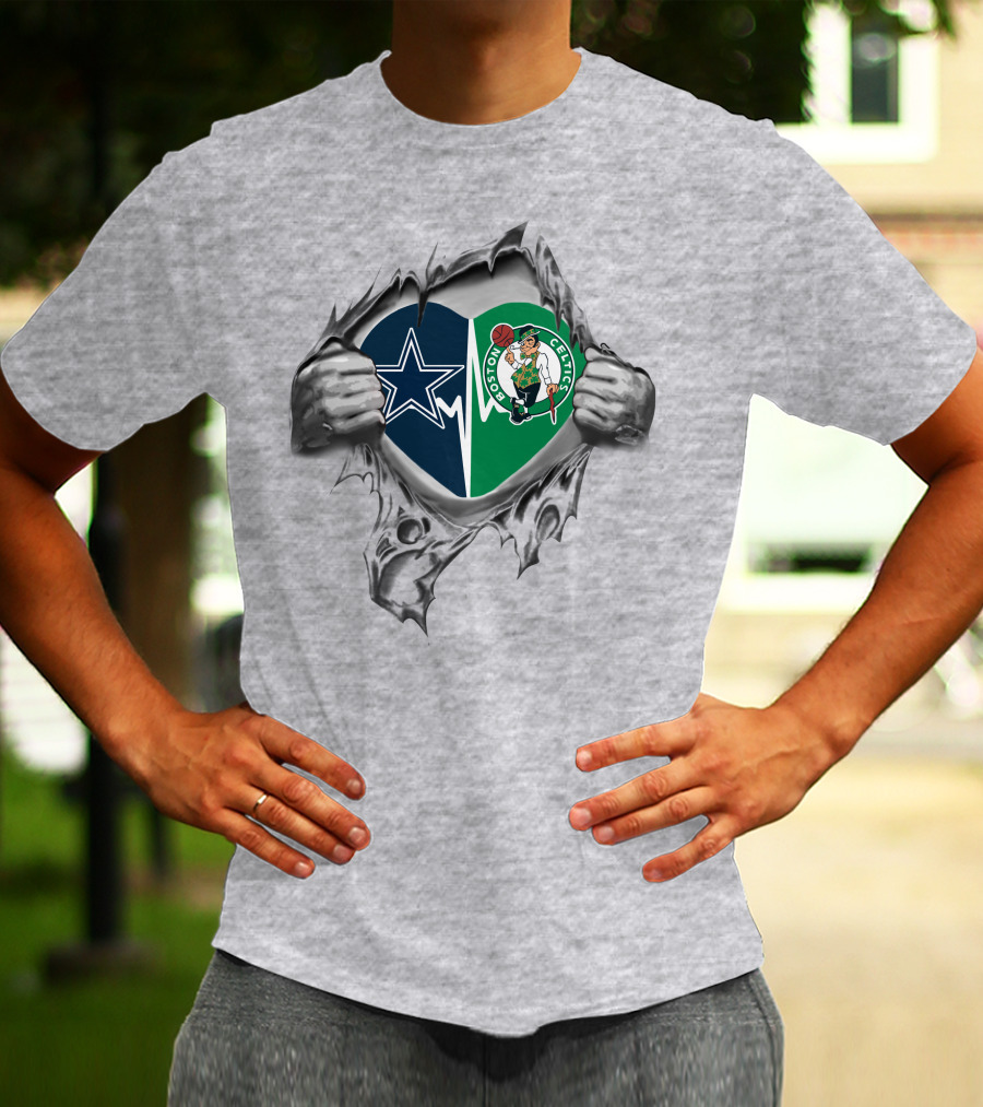 Cowboys Celtics Heart Torn Allegiance With Logo Hearts And Ripped Hands T-Shirt