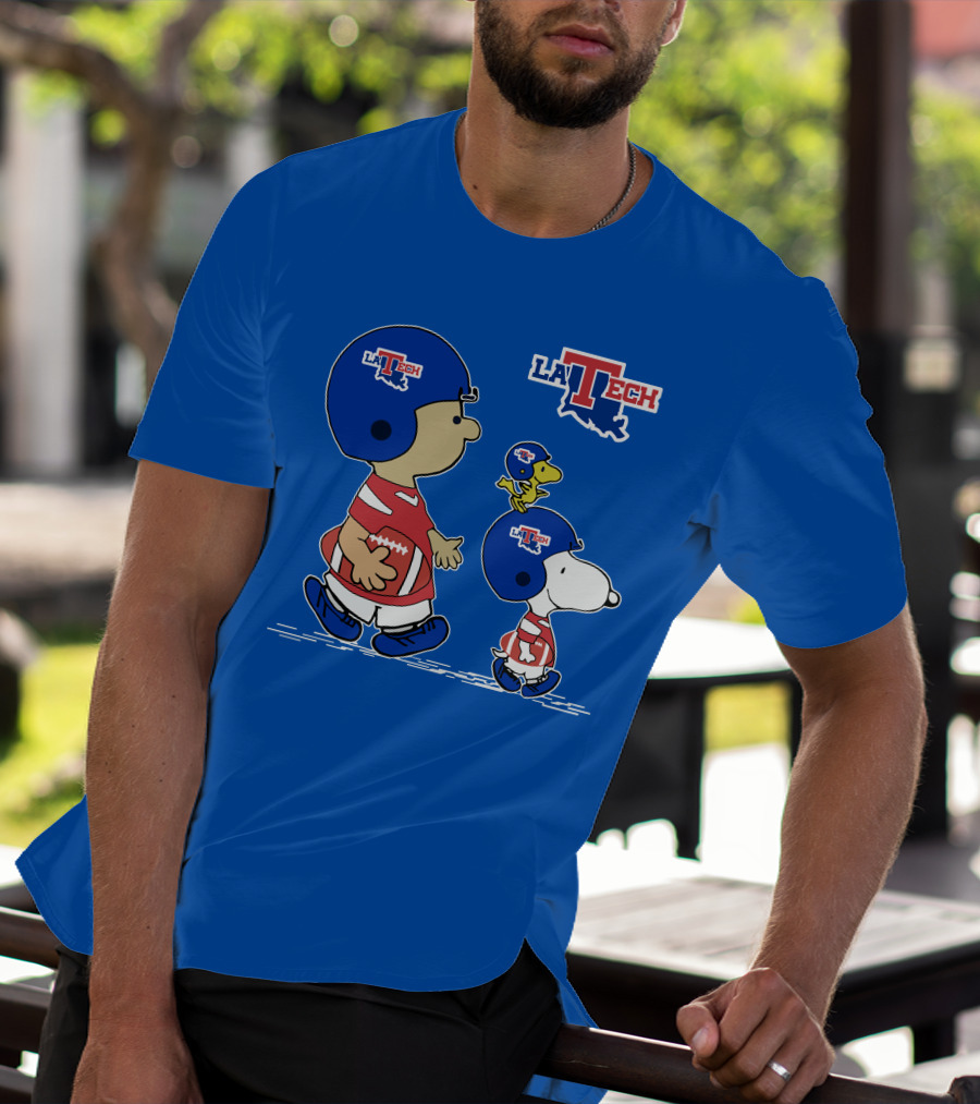 LA Tech Snoopy Football Helmet With Woodstock And Charlie Brown T-Shirt