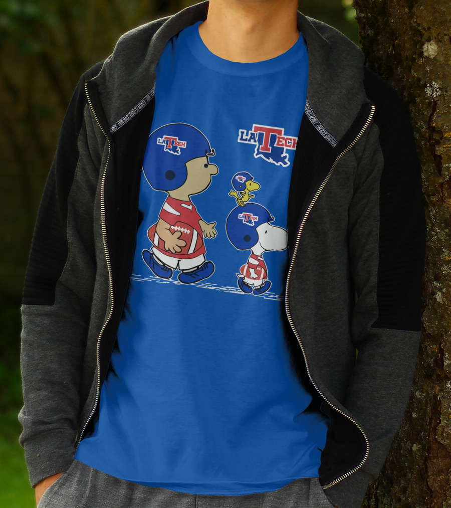 LA Tech Snoopy Football Helmet With Woodstock And Charlie Brown T-Shirt