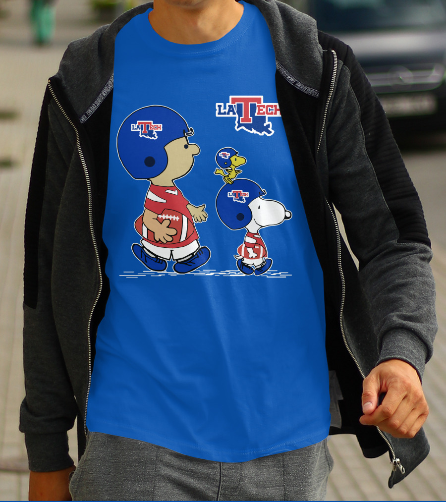 LA Tech Snoopy Football Helmet With Woodstock And Charlie Brown T-Shirt
