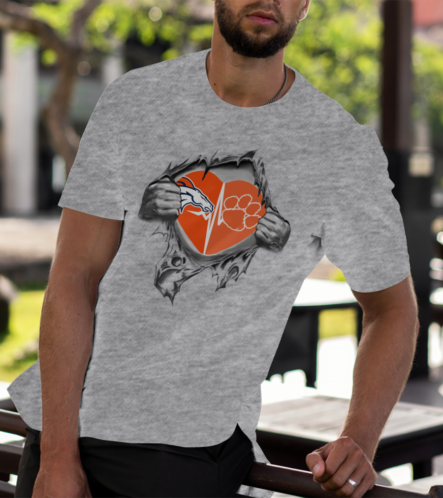 Broncos Clemson Tigers Heart Design Dual Logo With Rip Effect T-Shirt