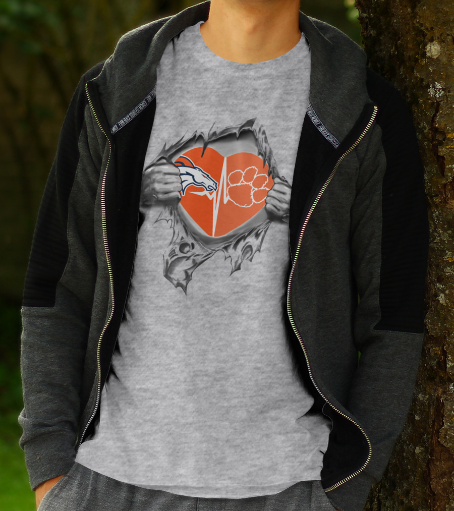 Broncos Clemson Tigers Heart Design Dual Logo With Rip Effect T-Shirt