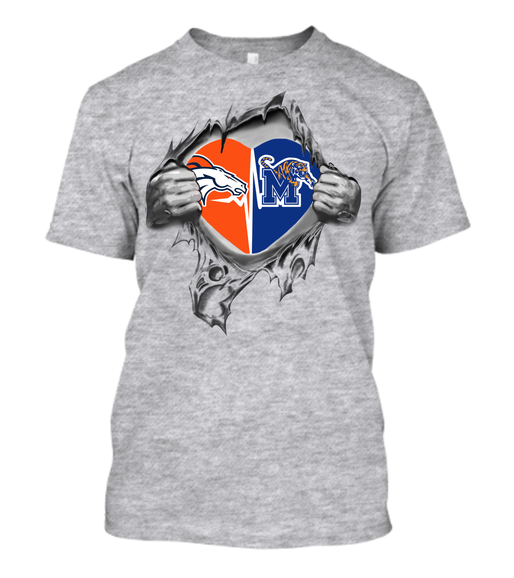 Broncos Memphis Tigers Heart Logo Ripped T-Shirt