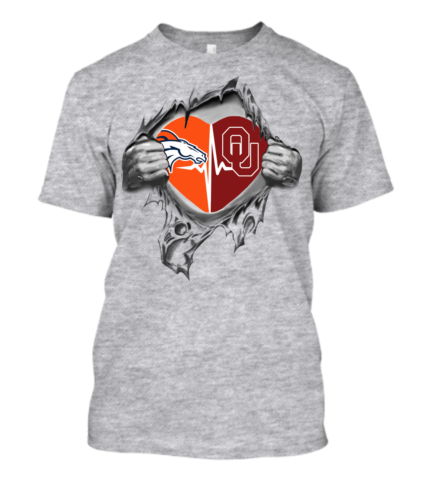 Broncos Sooners Heartbeat Logo Inside Ripped Chest T-Shirt