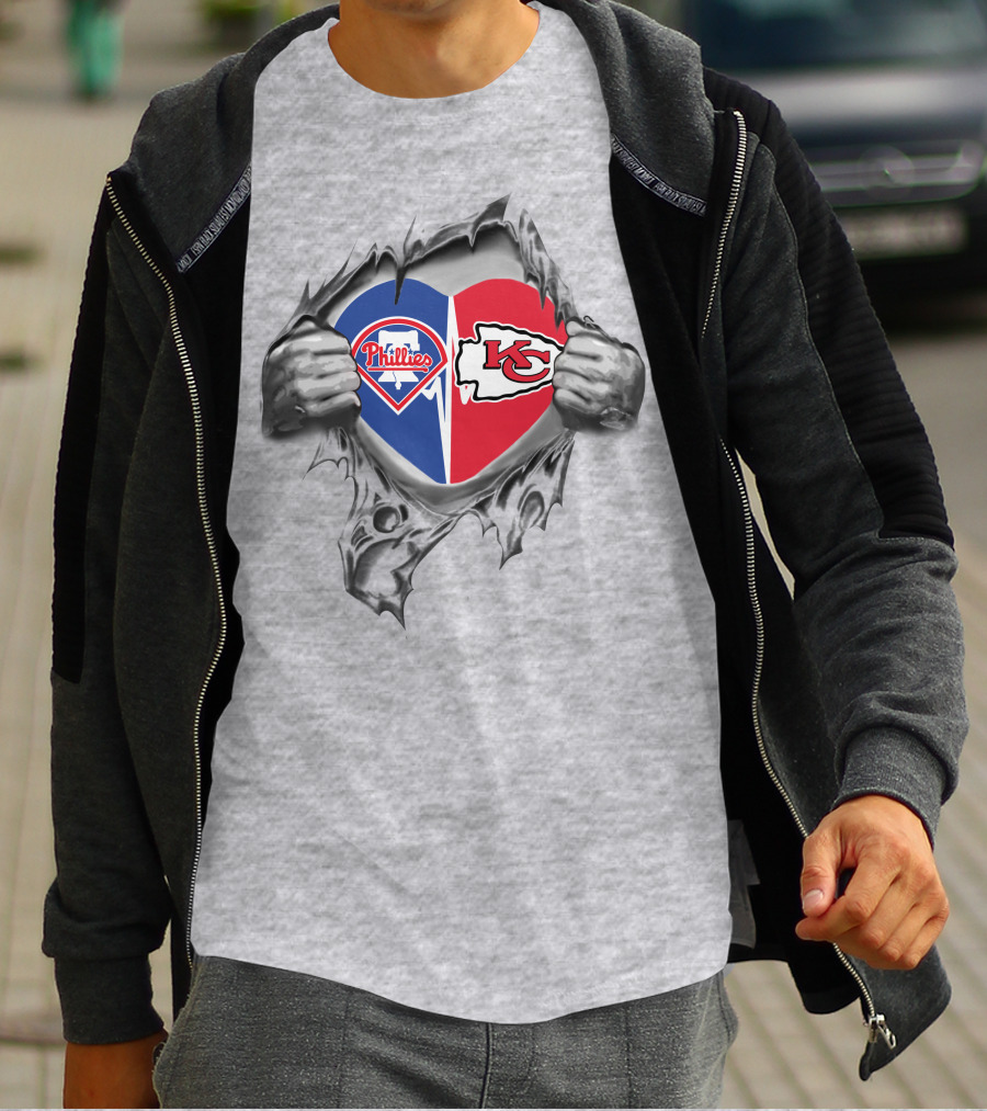 Phillies Chiefs Split Heart Torn Open Hands T-Shirt
