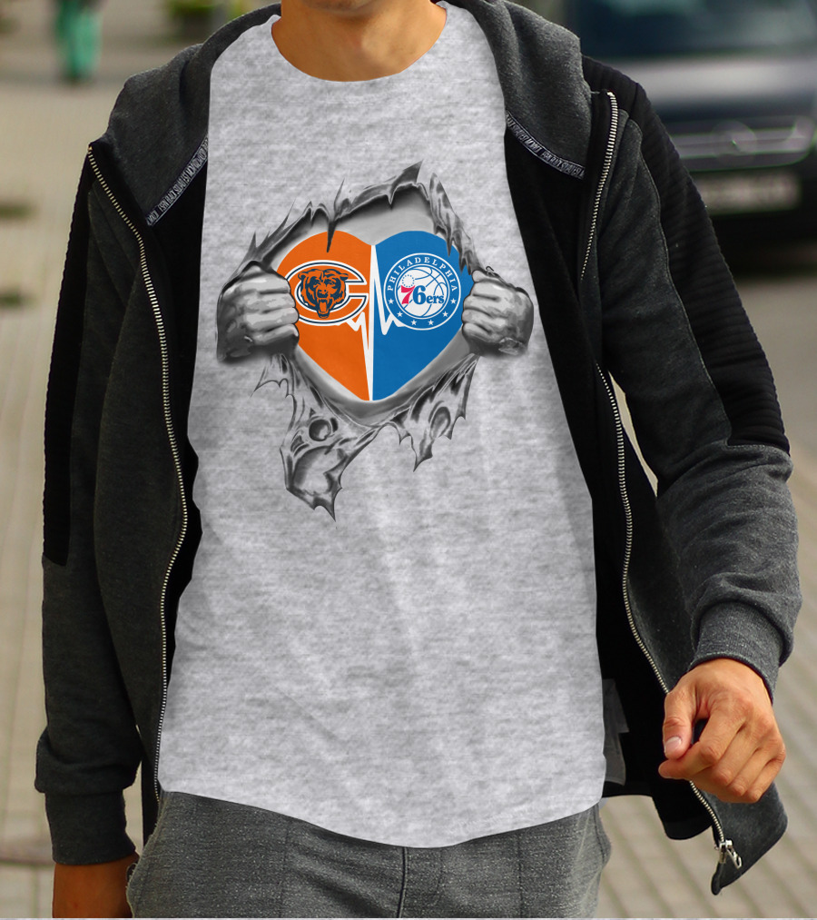Chicago Bears And Philadelphia 76ers Heart With Tearing Hands T-Shirt