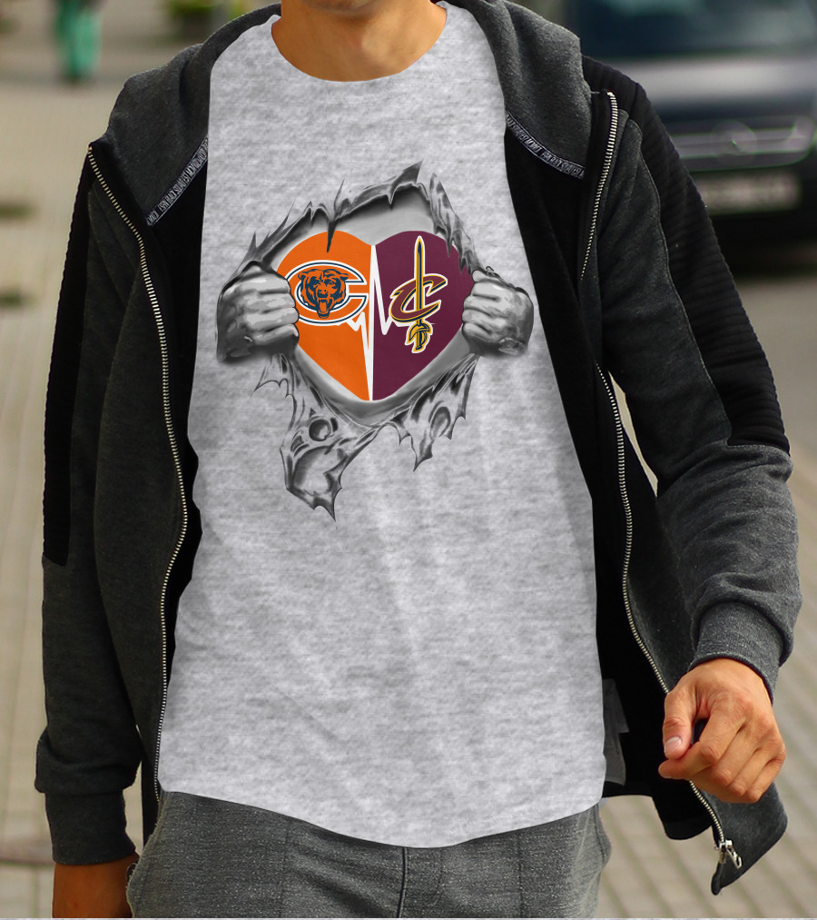 Bears Cavaliers Heart With Chicago And Cleveland T-Shirt