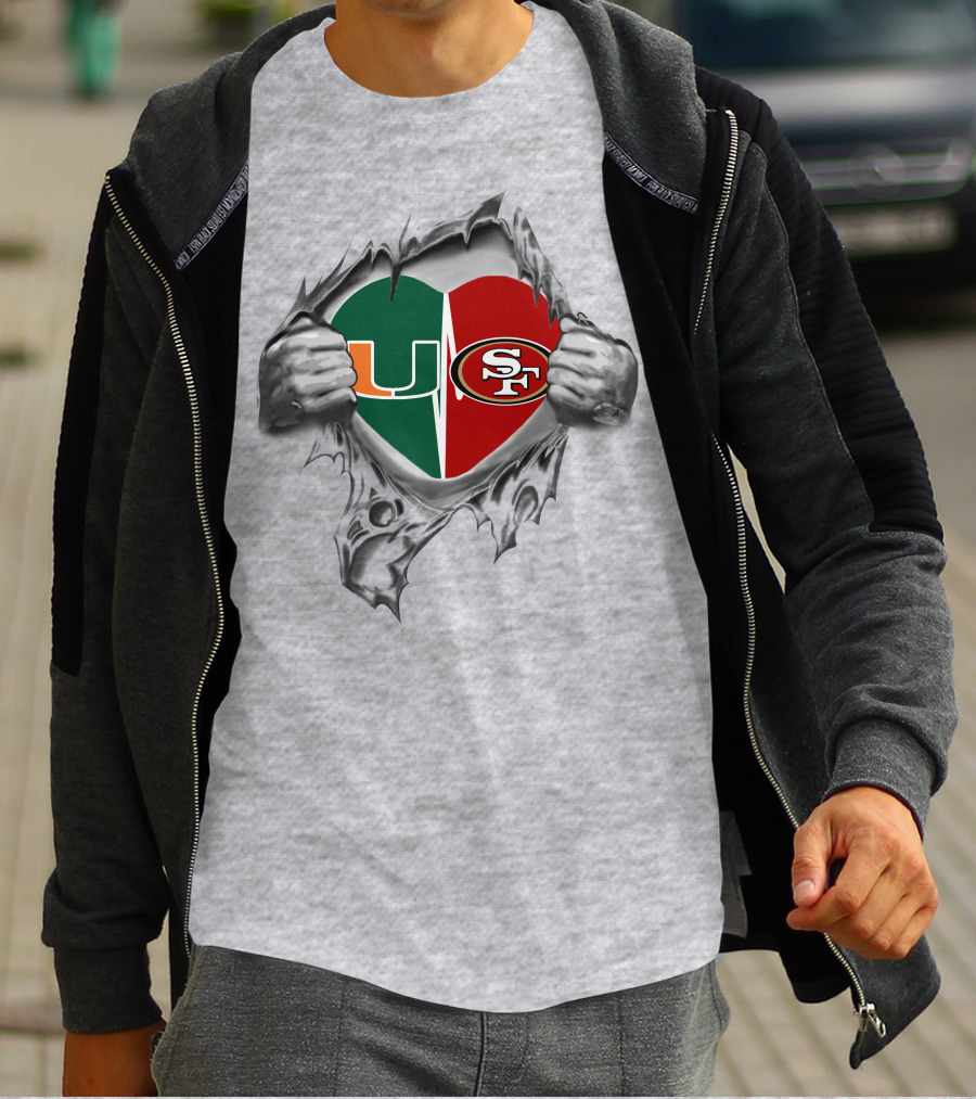 University Of Miami Hurricanes And San Francisco 49ers Split Heart T-Shirt