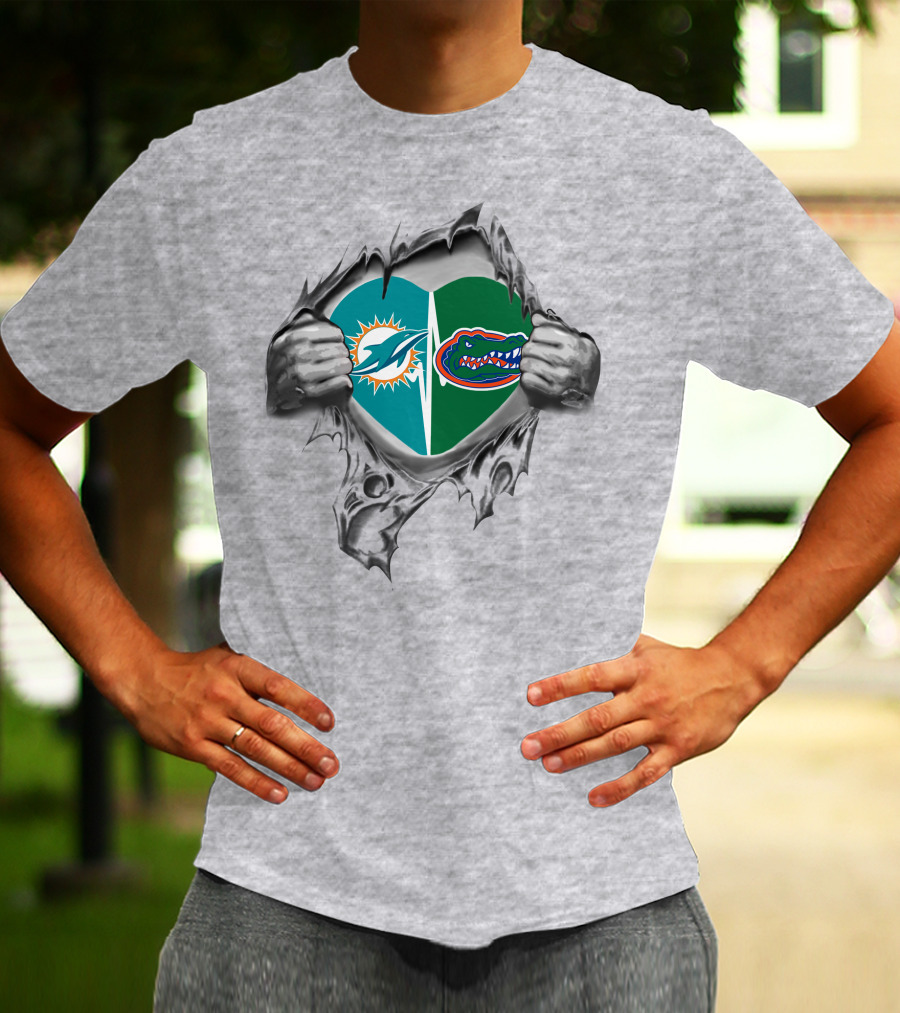 Miami Dolphins And Florida Gators Heart Logo Fan T-Shirt