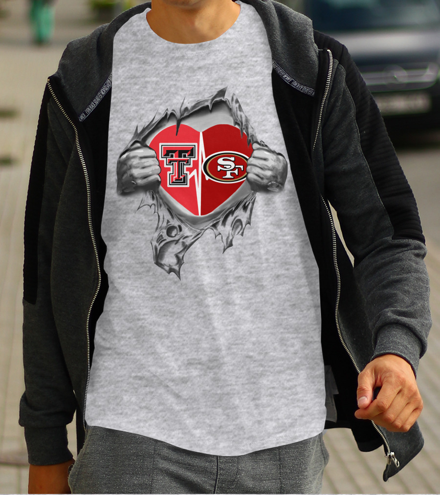 49ers And Texas Tech Heart Logos United T-Shirt