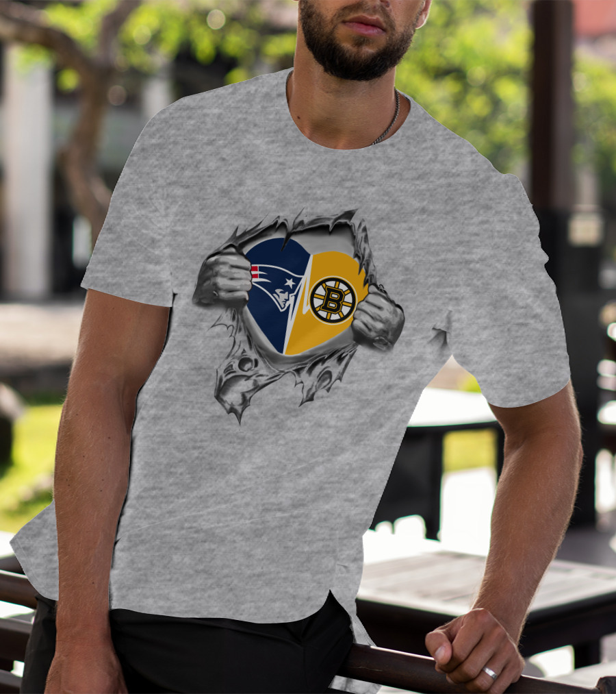 New England Patriots Boston Bruins Heart Logo Fusion T-Shirt