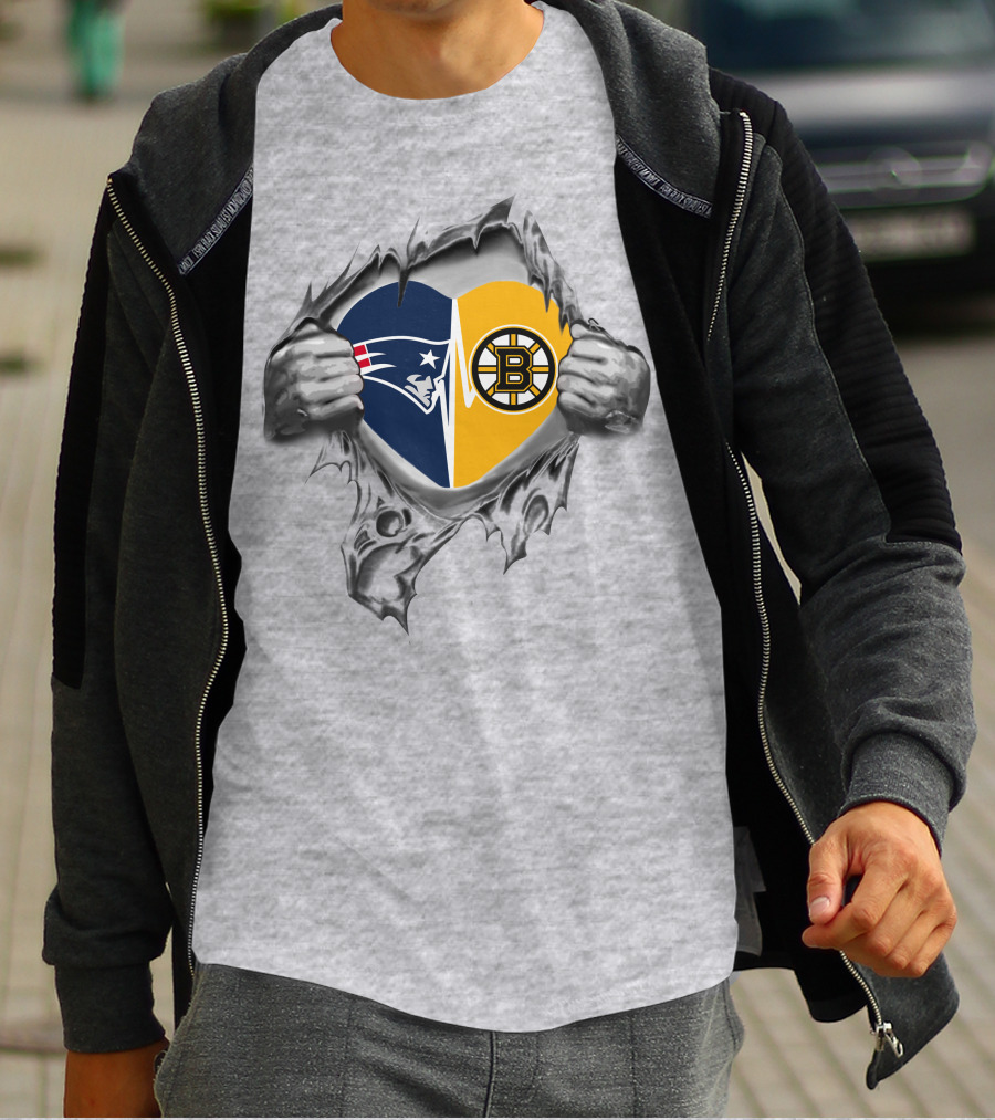 New England Patriots Boston Bruins Heart Logo Fusion T-Shirt