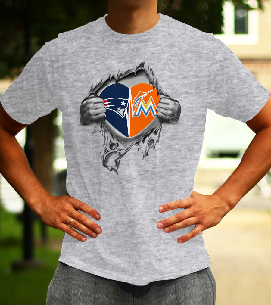 Patriots Marlins Heart Split With NFL And MLB T-Shirt