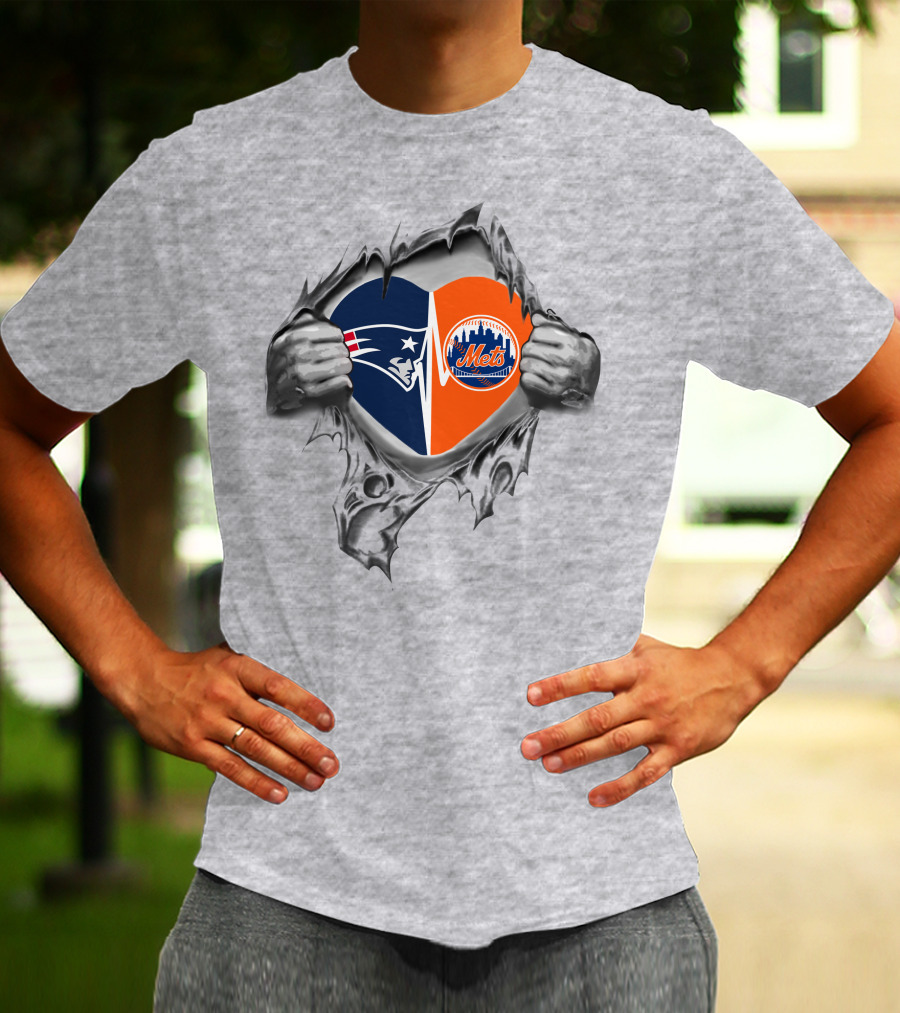 Patriots Mets Heart Design Featuring Iconic Logos And Split Color Scheme T-Shirt