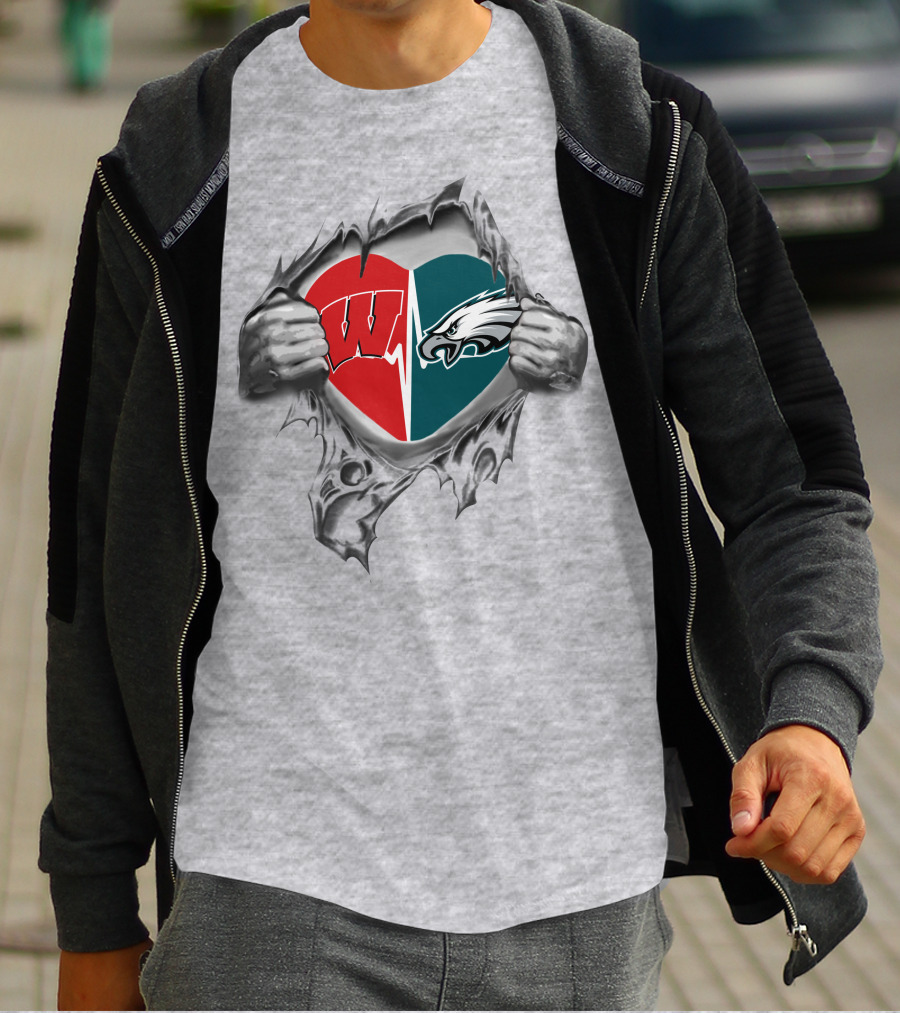 Eagles Badgers Heart Design Featuring Wisconsin And Philadelphia T-Shirt