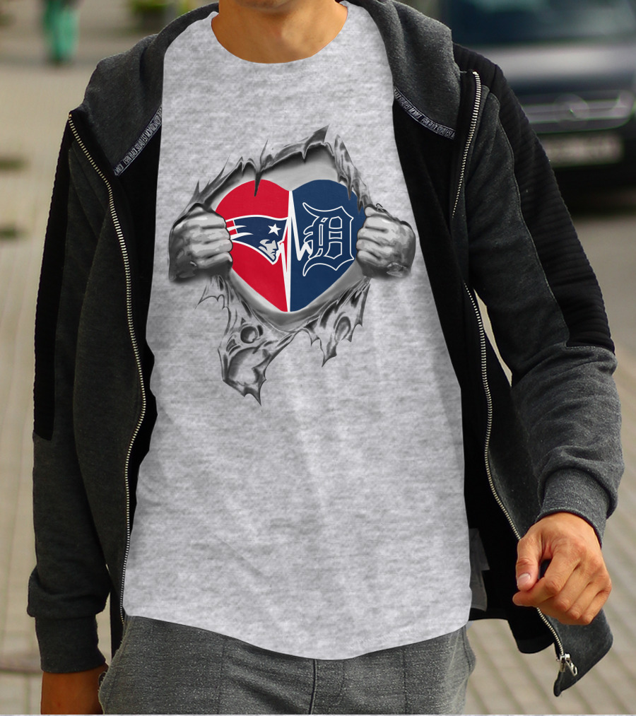 New England Patriots Detroit Tigers Heart Logo Split With Tearing Hands T-Shirt