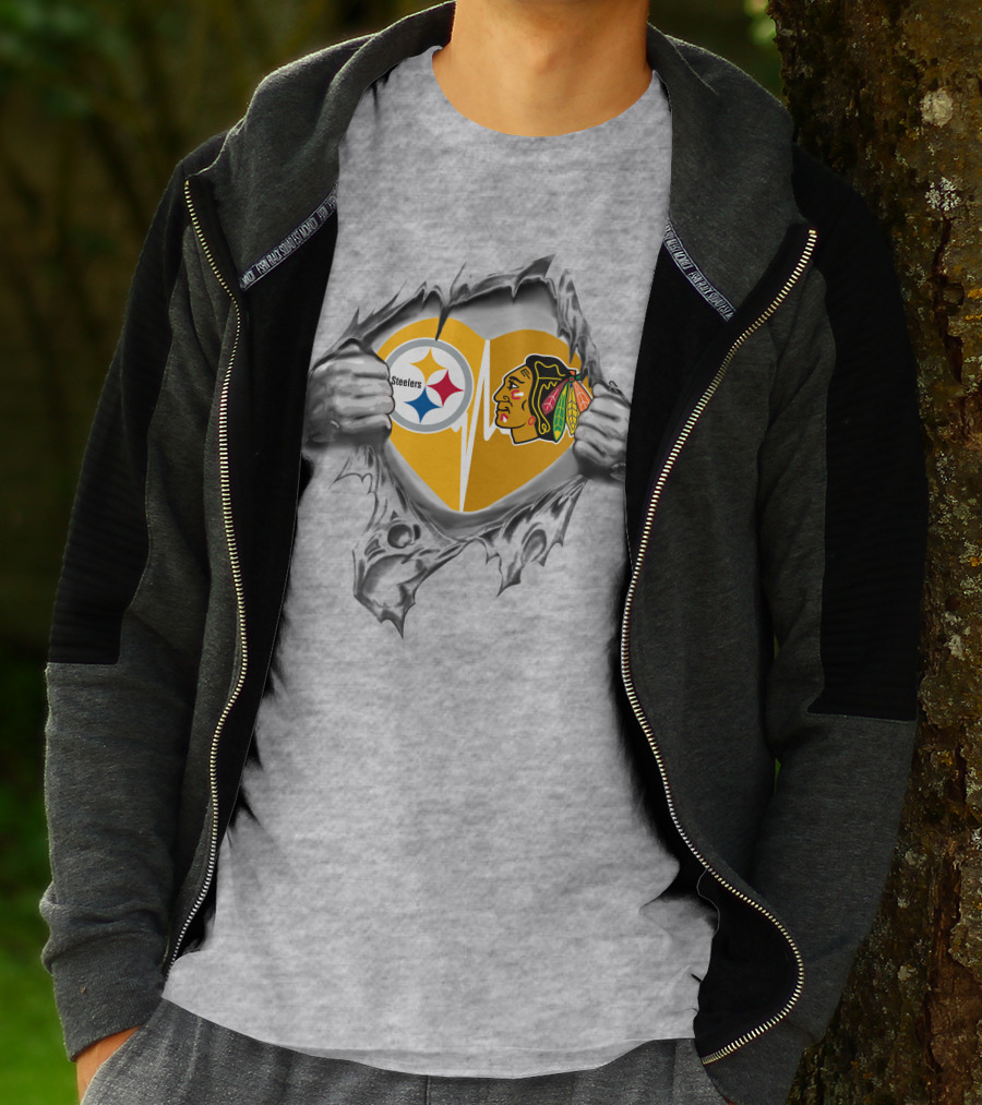 Steelers Blackhawks Heart Exposed Through Torn Surface Hands T-Shirt