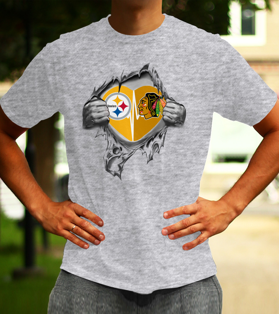 Steelers Blackhawks Heart Exposed Through Torn Surface Hands T-Shirt