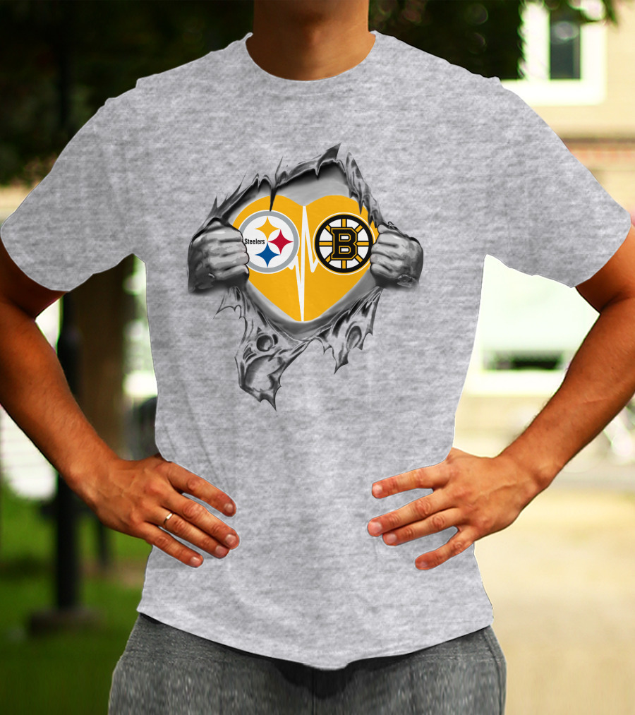 Steelers Bruins Heart Torn Open With Logos T-Shirt