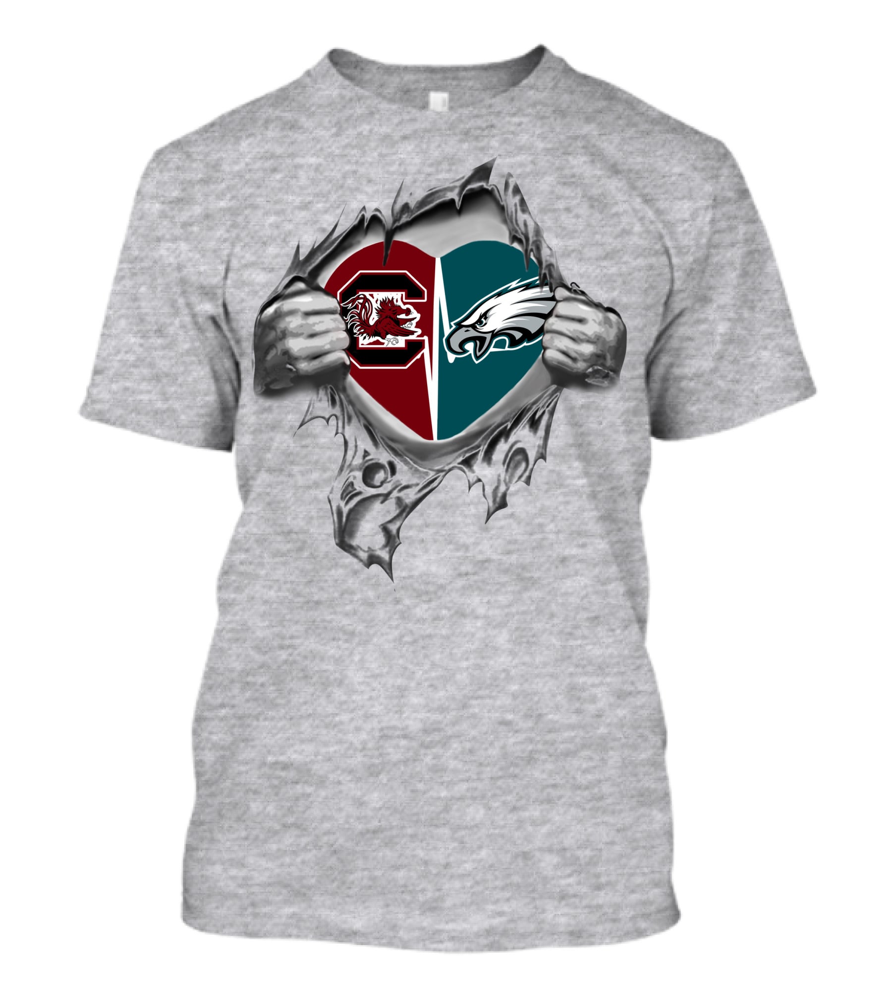 Eagles Gamecocks Heart Logo With Split Design And Hand Rip Effect T-Shirt