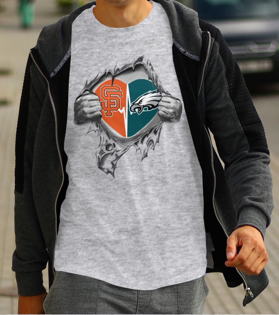 Eagles Giants Heart Logos Torn Fabric Teared Hands T-Shirt