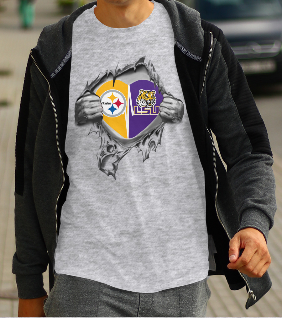 Steelers LSU Heart With Logos And Tiger T-Shirt