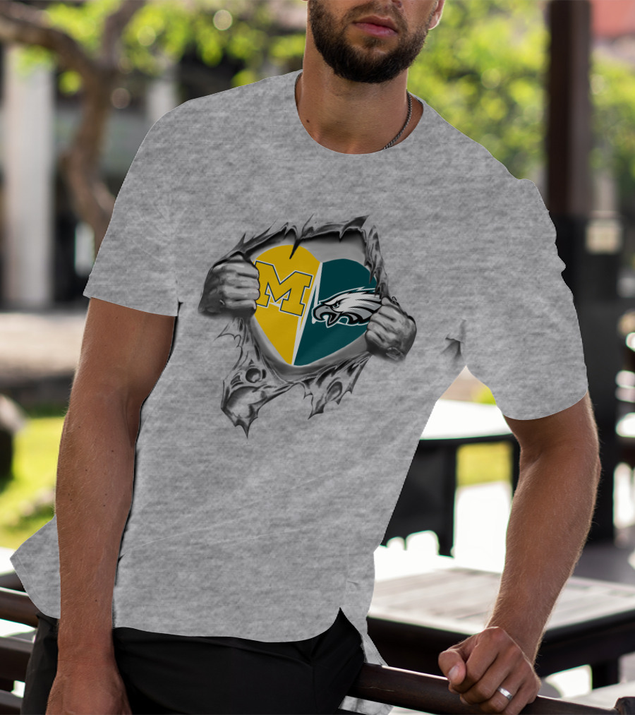 Michigan And Philadelphia Eagles Heart Unity T-Shirt