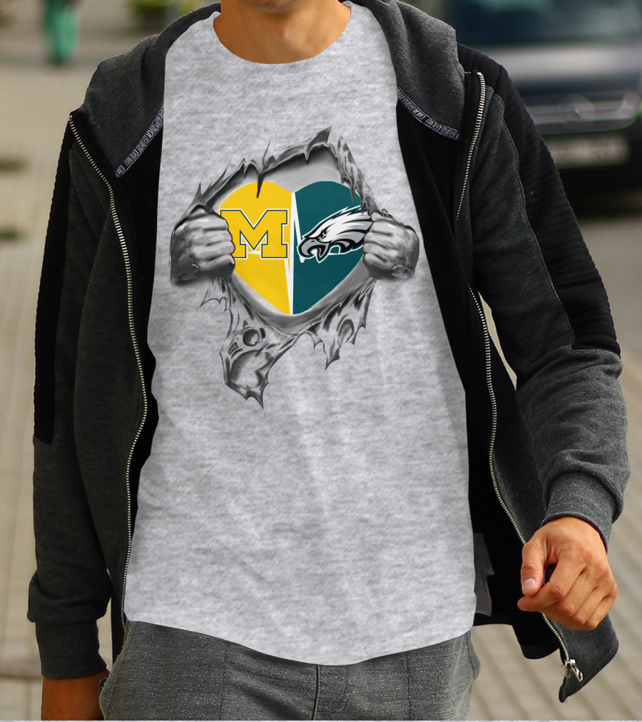 Michigan And Philadelphia Eagles Heart Unity T-Shirt
