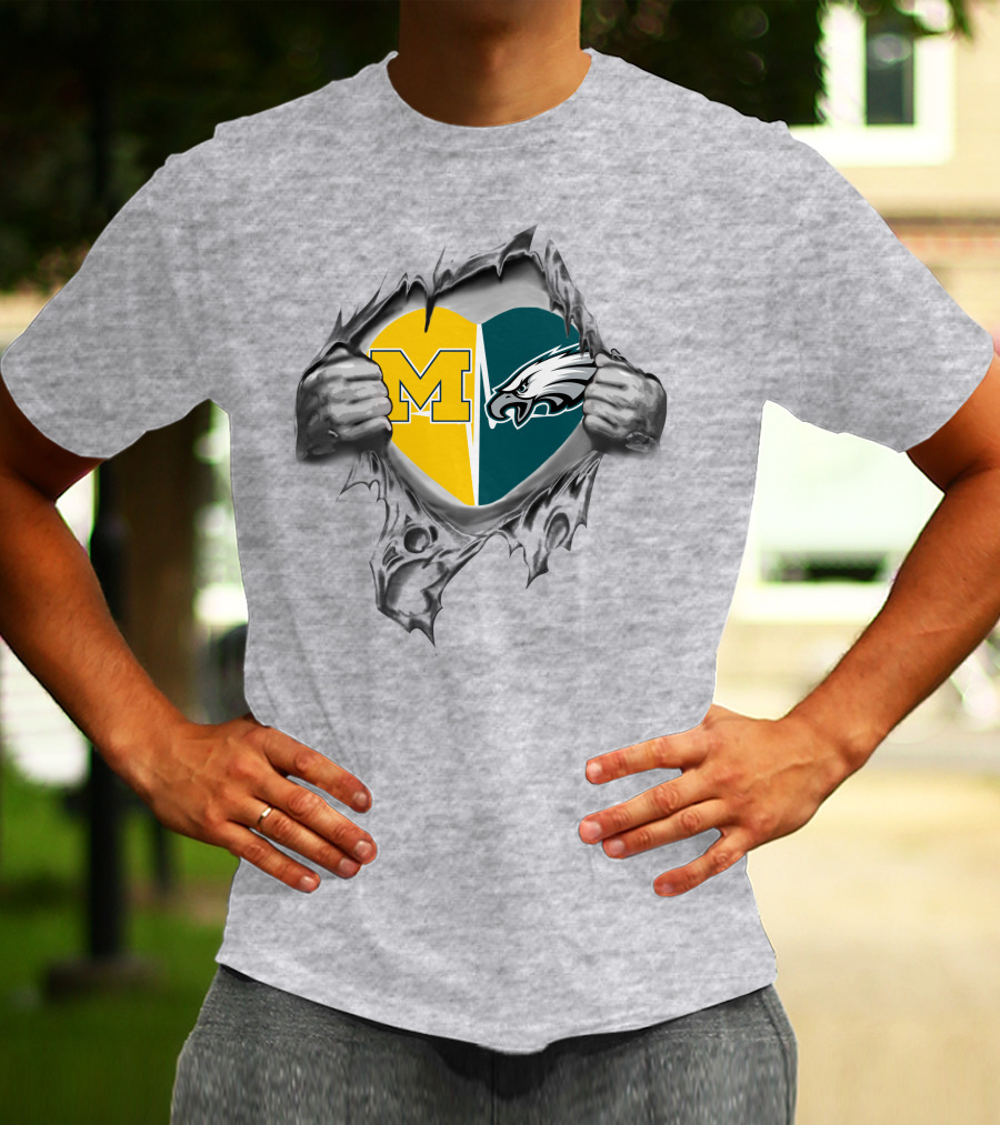 Michigan And Philadelphia Eagles Heart Unity T-Shirt