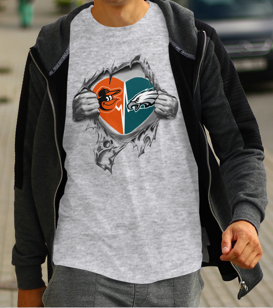 Eagles Orioles Heart Logos Torn Reveal T-Shirt