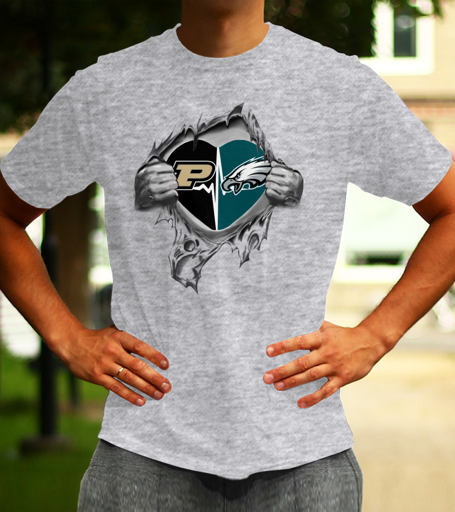 Purdue Eagles Heartbeat Peeking Through Silver Hands T-Shirt