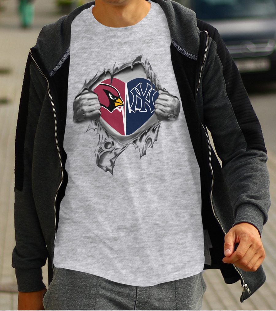 Cardinals Yankees Heart Split By Hands With Logos Inside T-Shirt