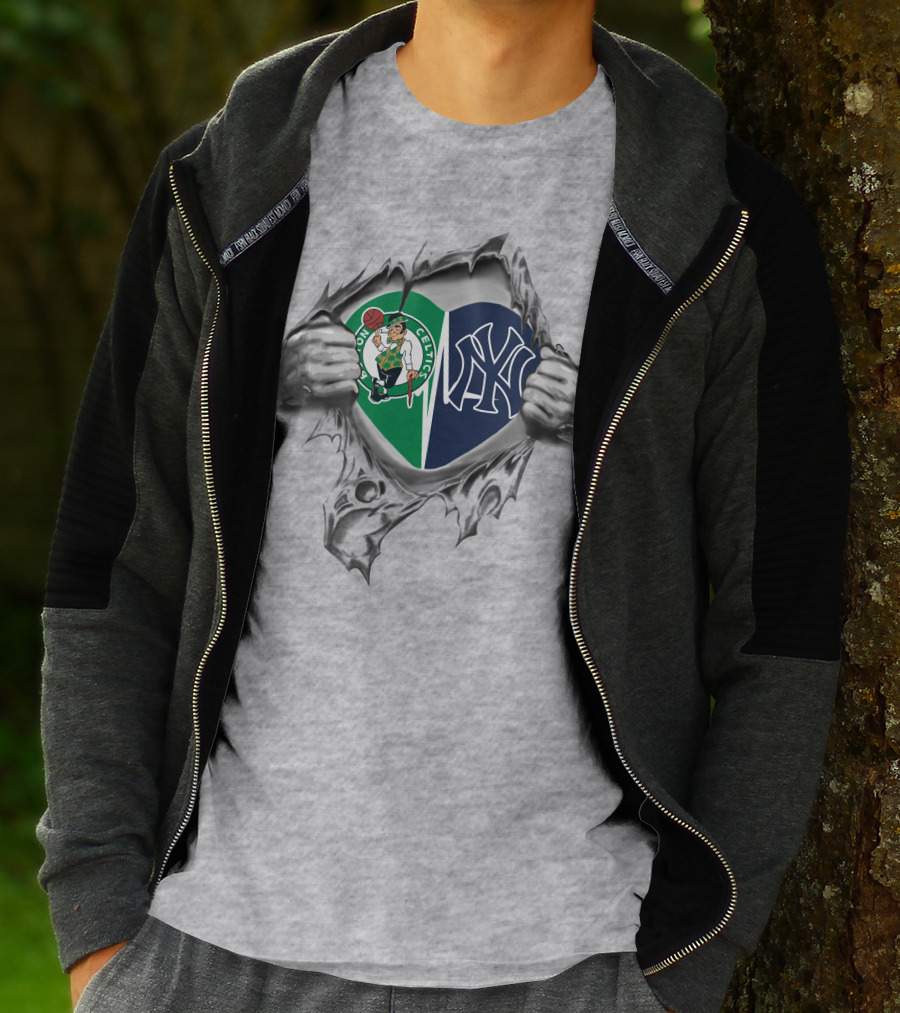 Celtics Yankees Heart Celtics Logo Yankees Emblem T-Shirt